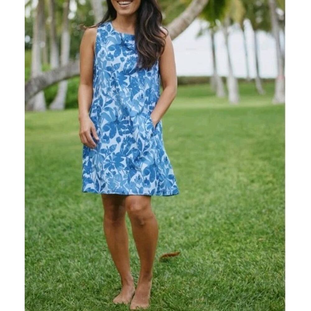 RipSkirt Hawaii Sun Dress Short Sz L Blue Floral Sleeveless Pockets Lightweight - Picture 2 of 13